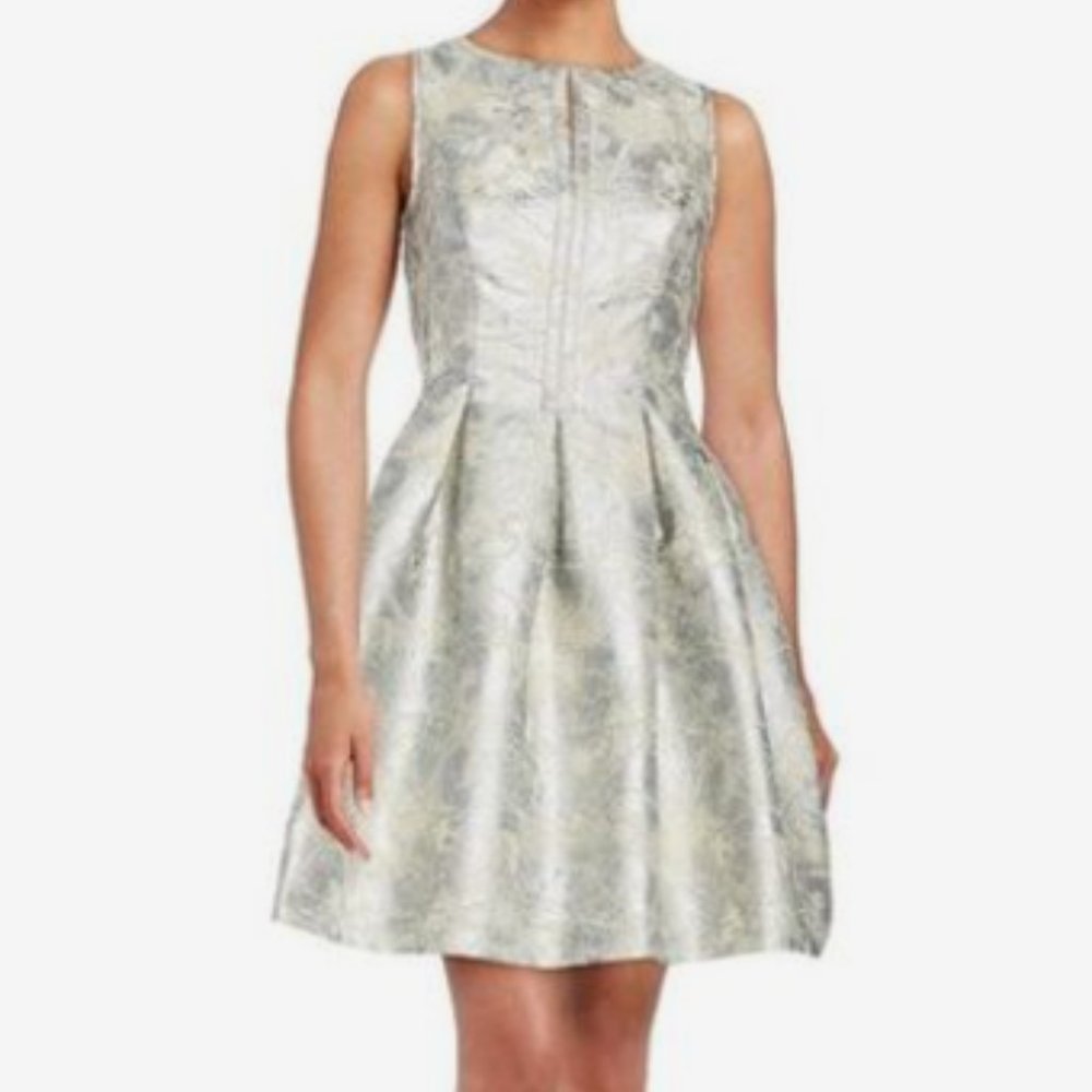Vince Camuto Sleeveless Metallic Fit-and-Flare Dress -silver, v neck dress,